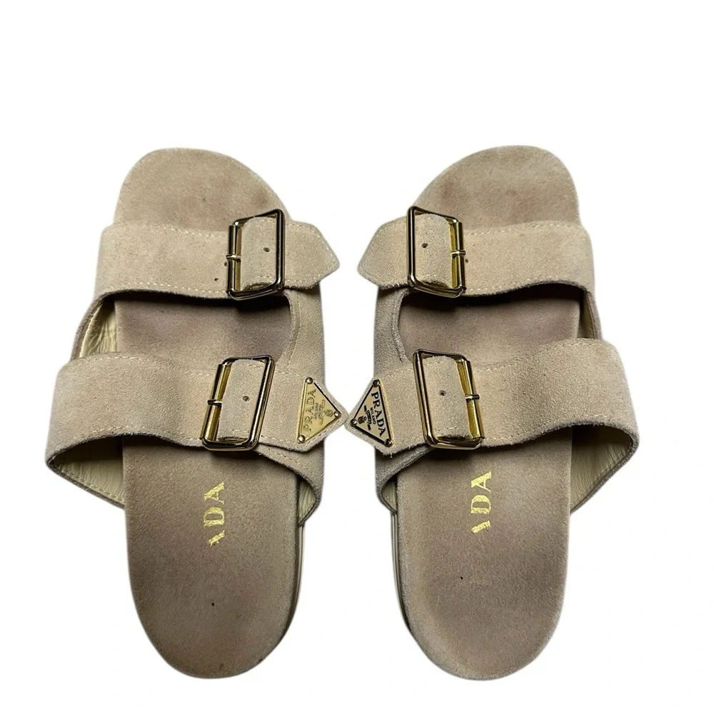 Prada Beige Suede Sandals with Gold Buckles, sz 37 pre-owned